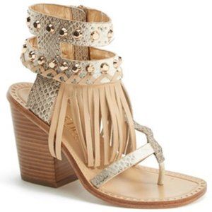 Ivy Kirzhner "HILDAGAR" Leather Fringe Snake Heel Sandals